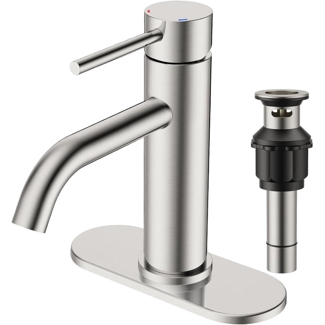 TVOFEK Brushed Nickel Bathroom Faucet 3 Hole, Single Handle Bathroom Sink Faucets with Metal Pop up Drain, Deck Plate and Supply Hoses for Vanity RV Restroom