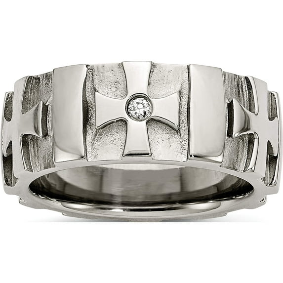 Stainless Steel Brushed & Polished 3Pt Diamond Cross 9mm Band (Size 12) Made In China sr67aa-12
