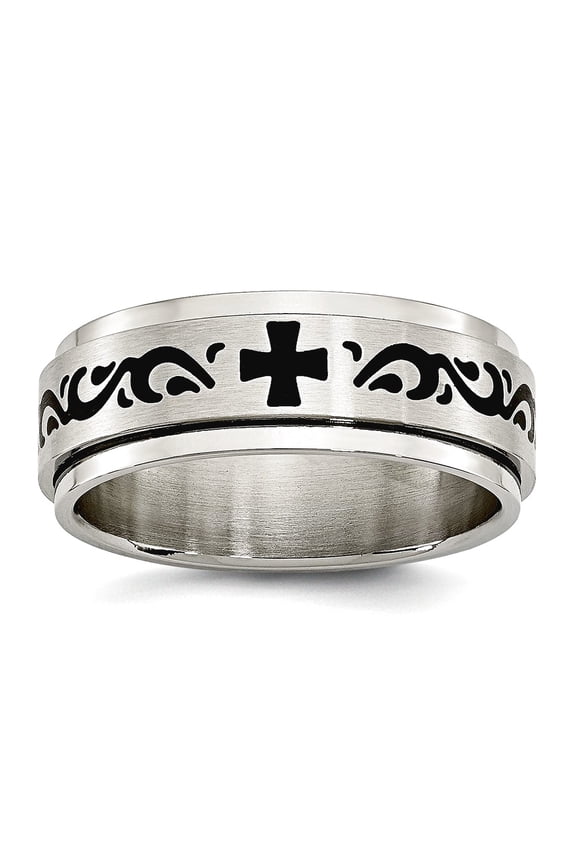 Stainless Steel Brushed Polished Black Enamel Swirl Design Ring Size 8 8mm Wide <mm Thick Ring for Women