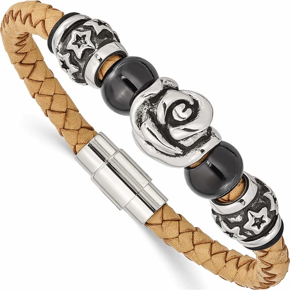 Stainless Steel Brushed & Polished Black Ip Beads Leather 7.5In Bracelet (7.5 X 11) Made In China -Jewelry By Sweet Pea