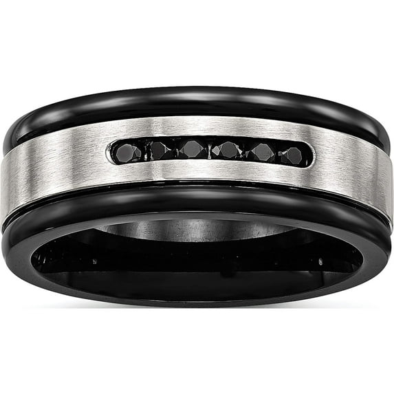 Stainless Steel Brushed/Polished Black Ip & Cz 8mm Grooved Band (Size 9.5) Made In China sr586-9.5