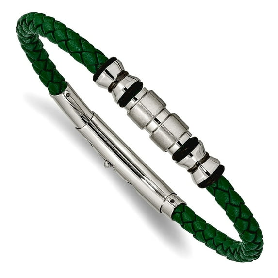 Stainless Steel Brushed Polished Black Ip Plated With Rubber Green Braided Leather Adjustable 7.75 To 8.25 Inch Bracelet