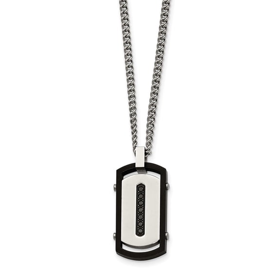 Stainless Steel Brushed Polished Black Ip Rim Black Cubic Zirconia Tag Necklace - 22 Inch