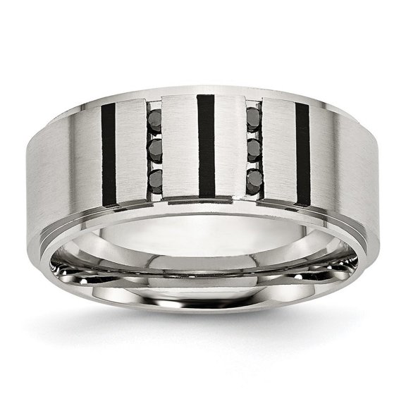 Stainless Steel Brushed Polished Black Plated and Black Diamonds Ring Size 12 - Ring for Women