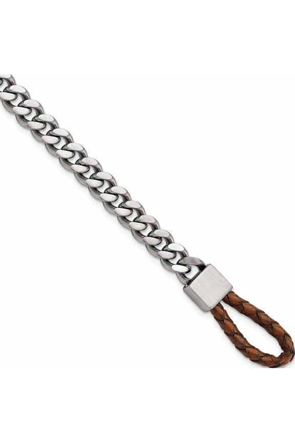 Chisel Stainless Steel Brushed and Polished Curb Chain with Brown Braided Leather Hook 8.25 inch Bracelet