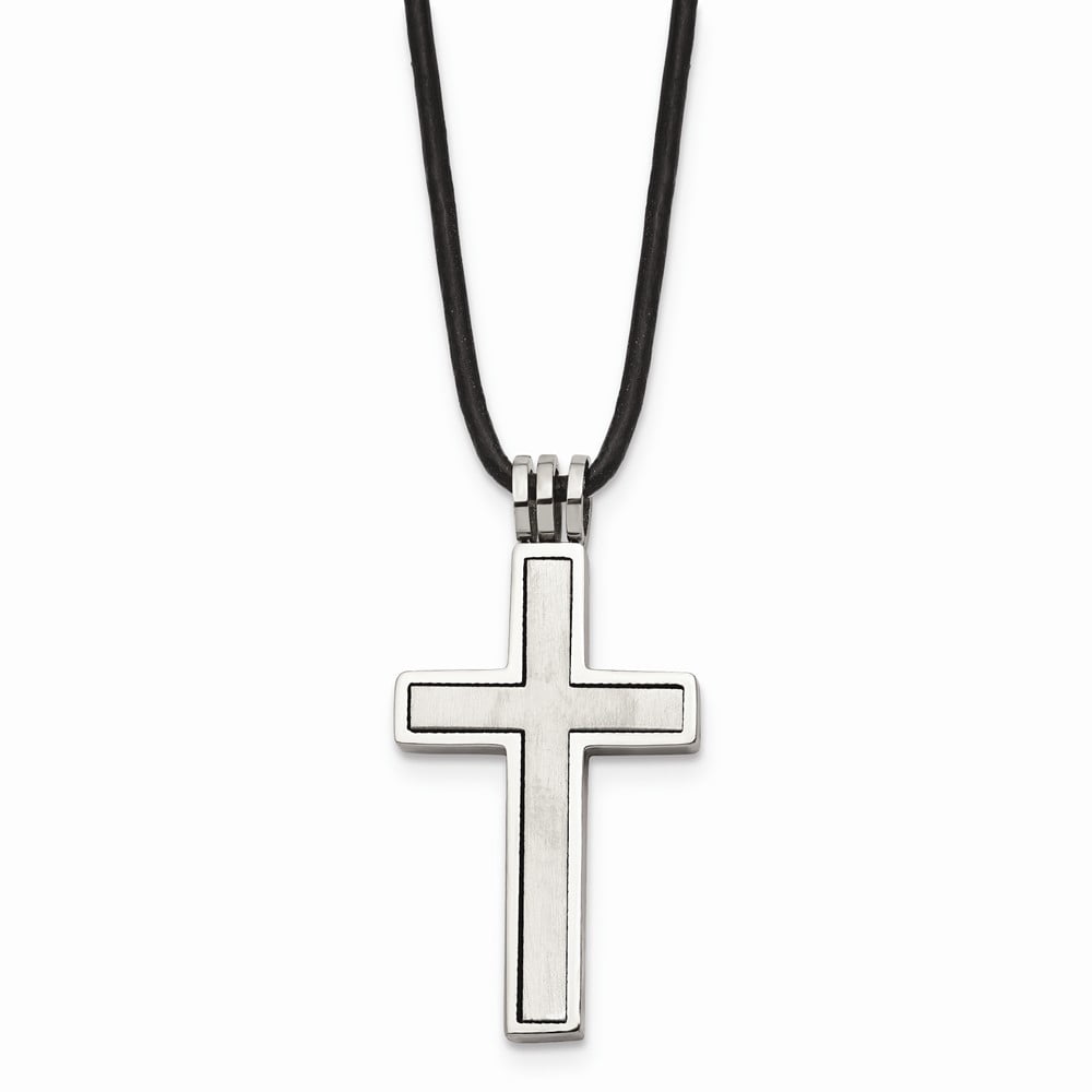 Stainless Steel Brushed & Polished Cross Leather Cord Necklace; 18 inch; for Adults and Teens; for Women and Men