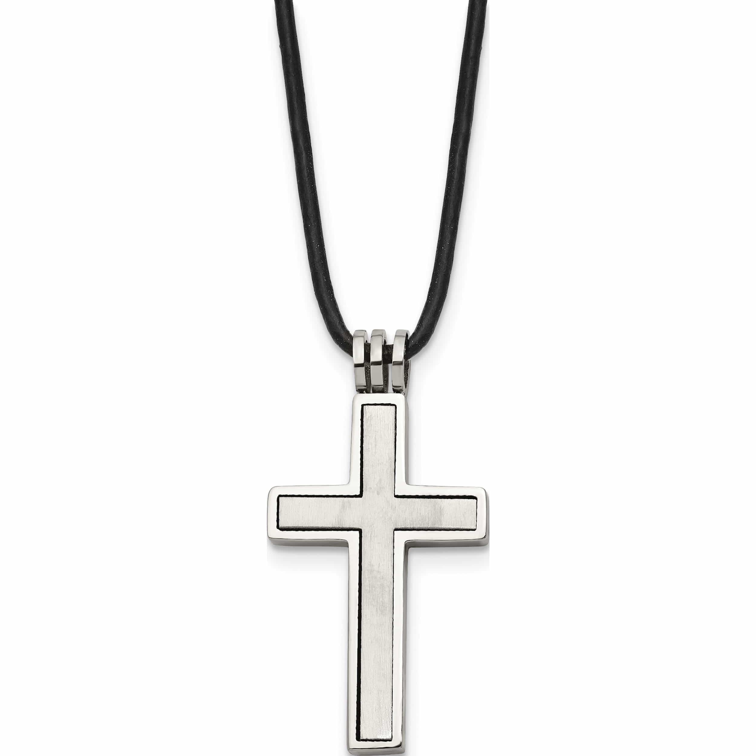 Stainless Steel Brushed & Polished Cross Leather Cord Necklace Made In China -Jewelry By Sweet Pea