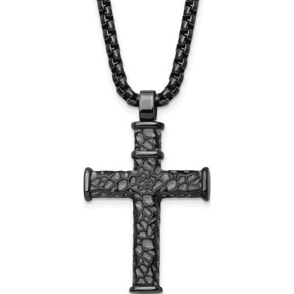 Jewelry by Sweet Pea Chisel Stainless Steel Brushed Polished and Textured Gun Metal IP-plated Cross Pendant on a 24 inch Box Chain Necklace