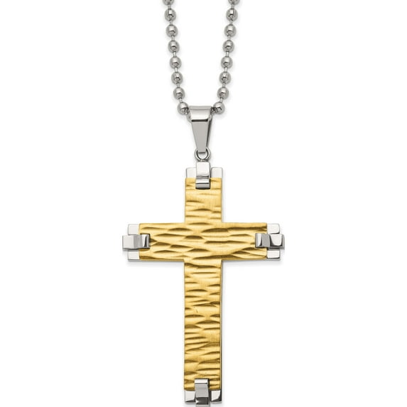 Stainless Steel Brushed Polished & Textured Yellow Ip Cross 22In Necklace (22 X 33.8) Made In China srn2974-22