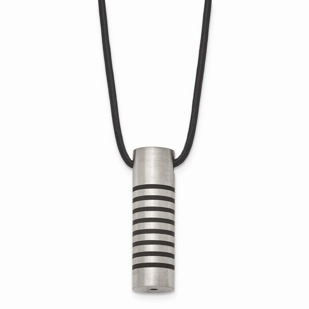 Stainless Steel Brushed & Polished With Blk Rubber 18in Leather Cord Necklace; for Adults and Teens; for Women and Men