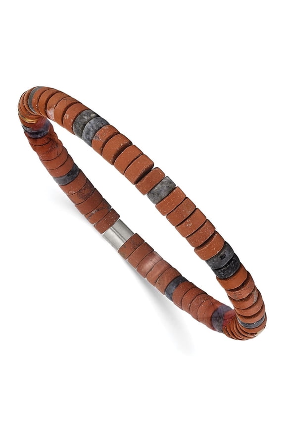 Stainless Steel Brushed Red Stone and Black Spectrolite Beaded Stretch Bracelet