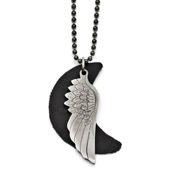 Stainless Steel Brushed Wing With Leather Moon Necklace - 26.5 Inch