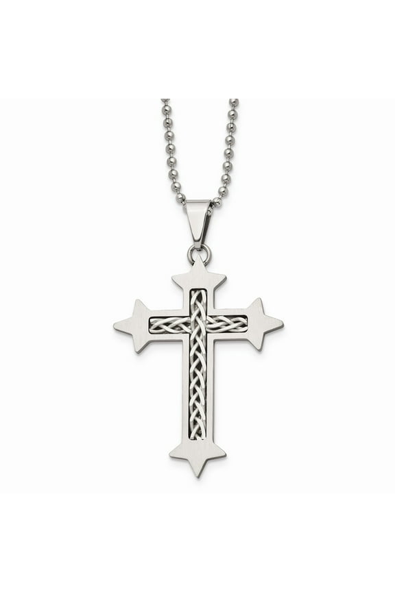 Stainless Steel Brushed With 925 Sterling Silver Inlay Cross 24in Necklace; 24 inch; for Adults and Teens; for Women and Men