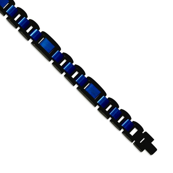 Stainless Steel Brushed and Polished Black And Blue Ip Plated Bracelet 8.75 Inch 12mm Wide Link Bracelet for Women