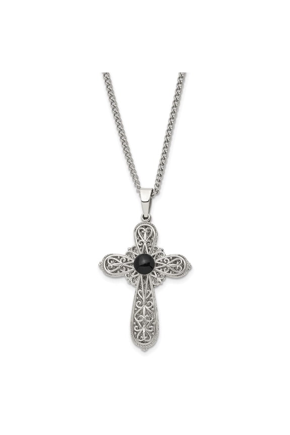 Stainless Steel Brushed and Polished Black Epoxy Pentecost Prayer Cross Pendant on a 24 inch Curb Chain Necklace