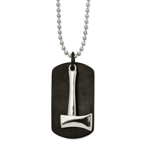 Stainless Steel Brushed and Polished Black IP-plated Axe Dog Tag Necklace; 24 inch; for Adults and Teens; for Women and Men