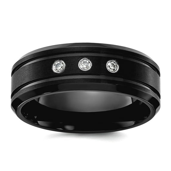 Stainless Steel Brushed and Polished Black Ip Plated With Cubic Zirconia 8mm Band Size 11 Ring for Women and Men