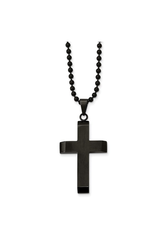 Stainless Steel Brushed and Polished Black Ip-plated Cross Necklace - 24 Inch - Measures 28.46mm Wide