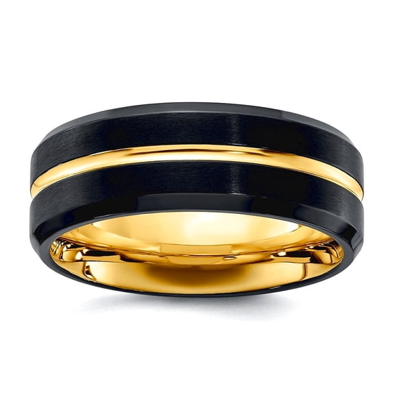 Stainless Steel Brushed and Polished Black Yellow Ip Plated 8mm Band Size 9 Ring for Women and Men