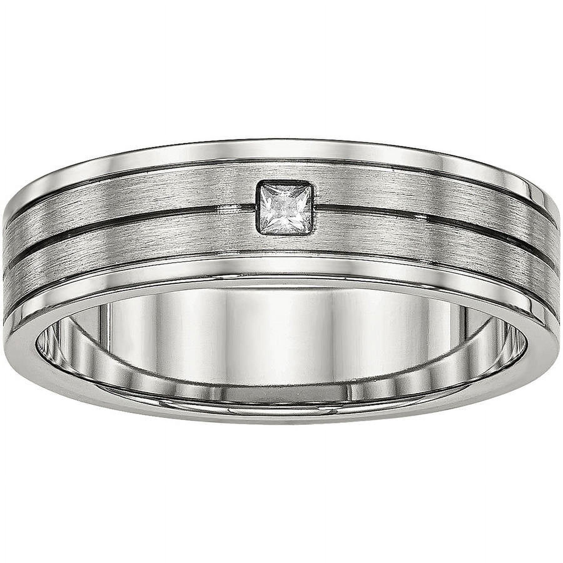 Stainless Steel Brushed and Polished Grooved CZ Ring