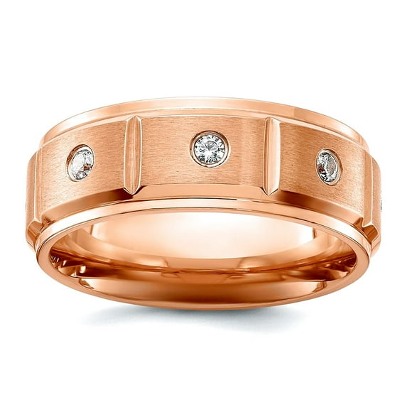 Stainless Steel Brushed and Polished Rose Ip Plated With Cubic Zirconia 8mm Band Size 8.5 Ring for Women and Men