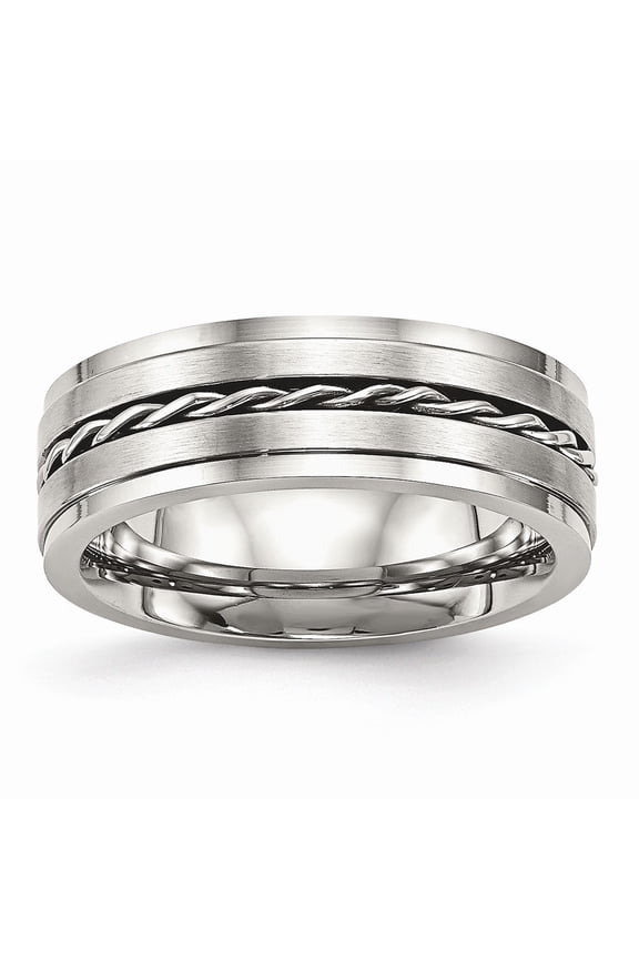 Stainless Steel Brushed and Polished Twisted 7.00mm Band Ring - Size 8