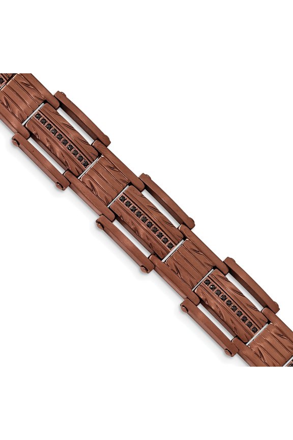 Stainless Steel Brushed and Textured Brown IP-plated with Black CZ 8.25 inch Link Bracelet