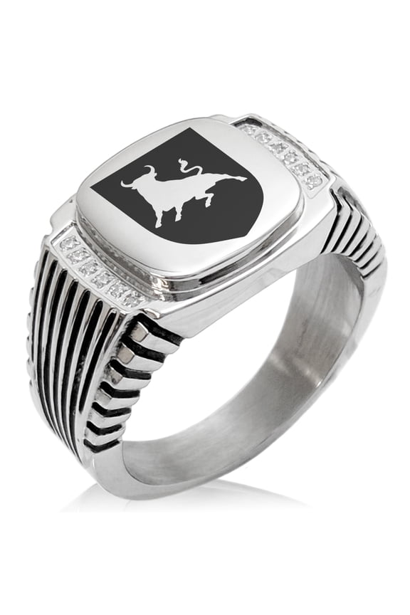 Stainless Steel Bull Bravery Coat of Arms Shield CZ Ribbed Needle Stripe Pattern Biker Style Polished Ring