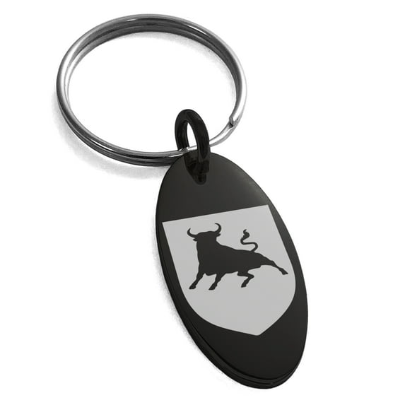 Stainless Steel Bull Bravery Coat of Arms Shield Engraved Small Oval Charm Keychain Keyring