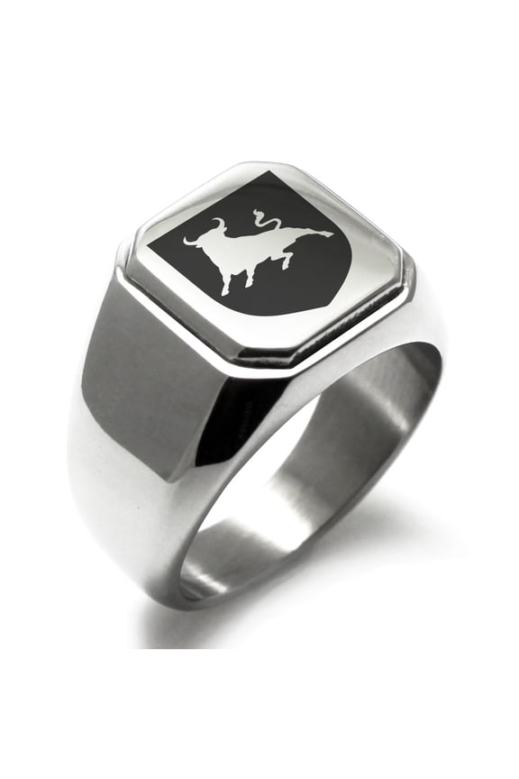 Stainless Steel Bull Bravery Coat of Arms Shield Engraved Square Flat Top Biker Style Polished Signet Ring