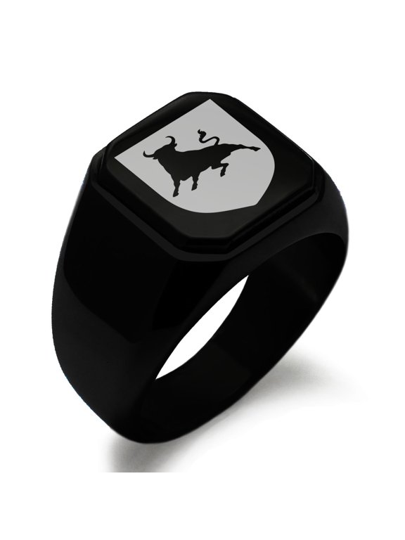 Stainless Steel Bull Bravery Coat of Arms Shield Engraved Square Flat Top Biker Style Polished Signet Ring