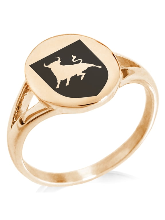Stainless Steel Bull Bravery Coat of Arms Shield Minimalist Oval Top Polished Statement Signet Ring