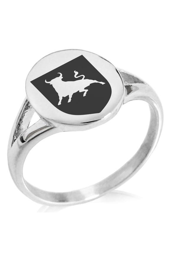 Stainless Steel Bull Bravery Coat of Arms Shield Minimalist Oval Top Polished Statement Signet Ring