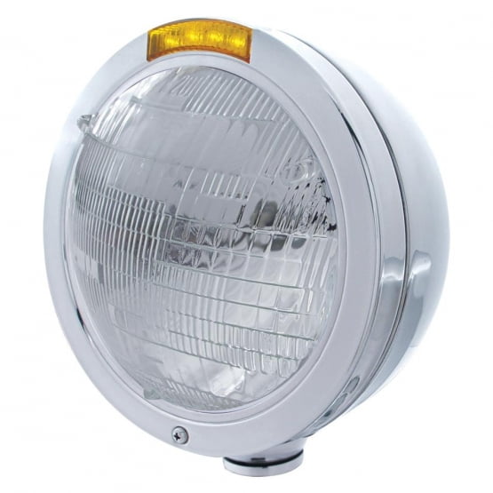 Stainless Steel Bullet Classic Headlight 6014 Bulb & LED Turn Signal - Amber Lens