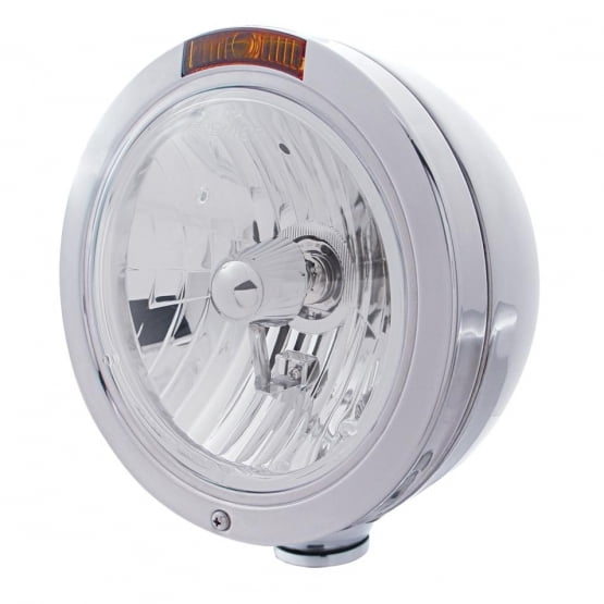 Stainless Steel Bullet Classic Headlight Crystal H4 Bulb & Turn Signal - Amber Lens