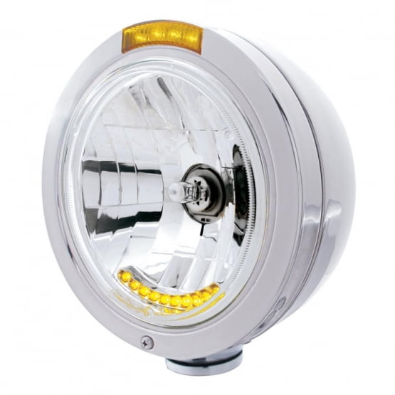 Stainless Steel Bullet Classic Headlight H4 With 10 Amber LED & Dual Mode LED Signal - Amber Lens