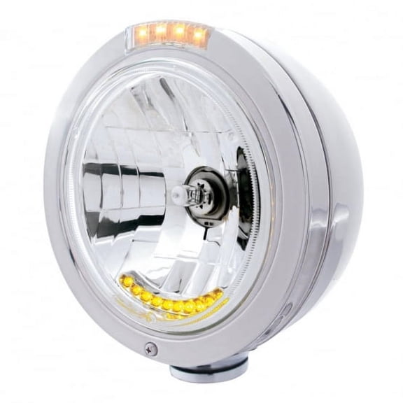 Stainless Steel Bullet Classic Headlight H4 With 10 Amber LED & LED Signal - Clear Lens