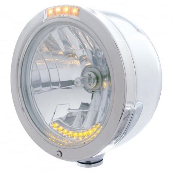 Stainless Steel Bullet Half Moon Headlight H4 With 10 Amber LED & Signal - Clear Lens