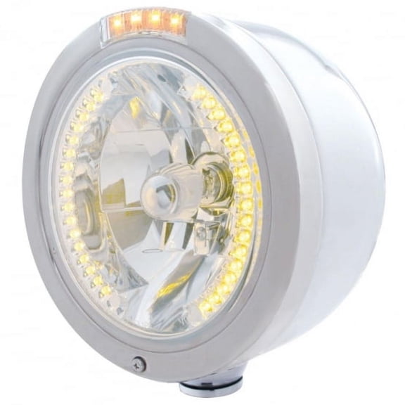 Stainless Steel Bullet Half Moon Headlight H4 With Amber LED & Signal - Clear Lens