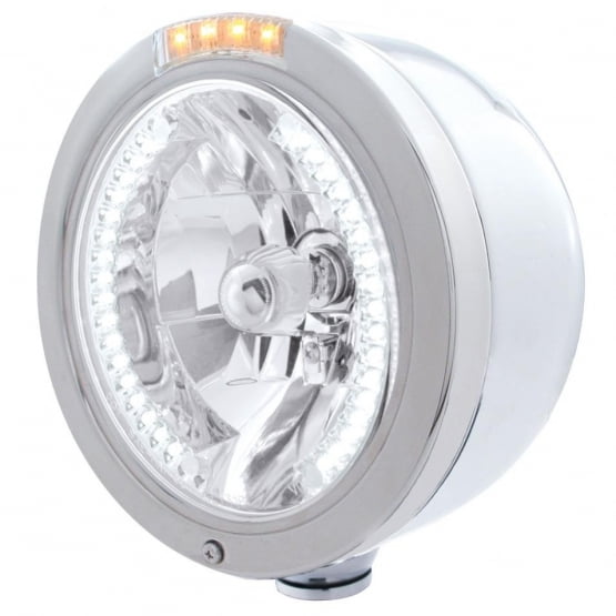 Stainless Steel Bullet Half Moon Headlight H4 With White LED & Signal - Clear Lens