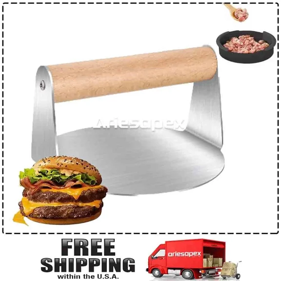 Stainless Steel Burger Press, 5.5 Inch Round Smasher, Non-Stick Smooth Hamburger