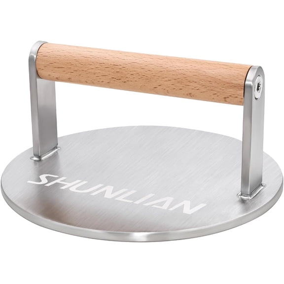 Stainless Steel Burger Smasher, 6 Inch Heavy Duty Grill Press with Wood Handle, 1.7 lb Solid Cooking Weight Press for Flat Top Griddle, Meat Press for BBQ, Fish, Chicken, Bacon & Steak
