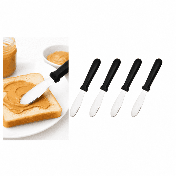 Stainless Steel Butter Spreader Knife Set of 4, Single Serrated Edge Cream Spread Tool with Non-Slip Plastic Handle, Durable One-Piece Multi-Purpose Jam Spreader Breakfast Knives, 8.75 Inch Black But