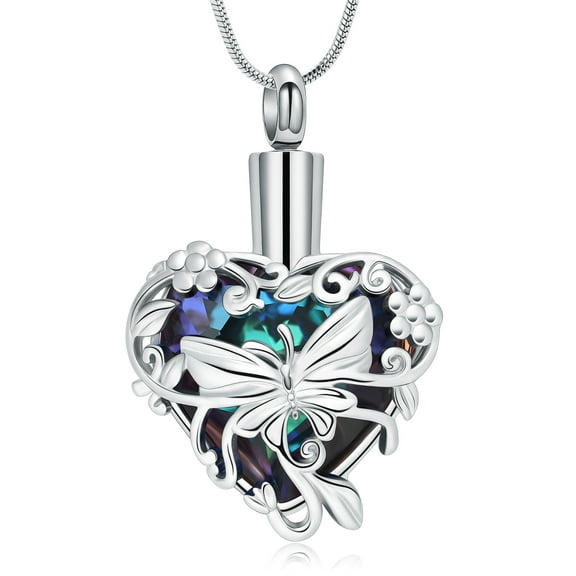 Stainless Steel Butterfly Crystal Heart Urn Pendant Memory Necklace for Cremation Ashes Keepsake Memorial Jewelry