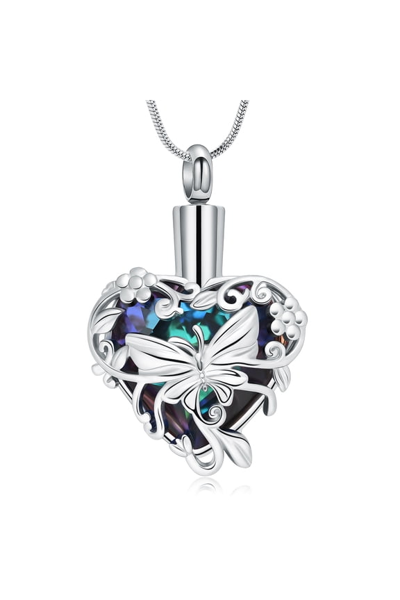 Stainless Steel Butterfly Crystal Heart Urn Pendant Memory Necklace for Cremation Ashes Keepsake Memorial Jewelry