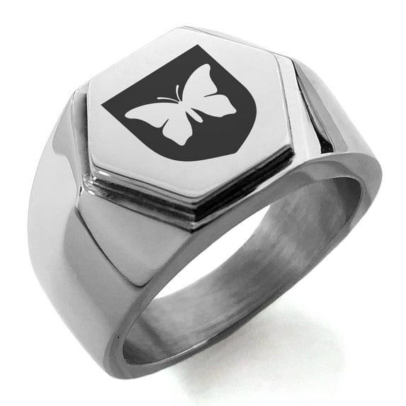 Stainless Steel Butterfly Free Spirit Coat of Arms Shield Engraved Hexagon Crest Flat Top Biker Style Polished Ring