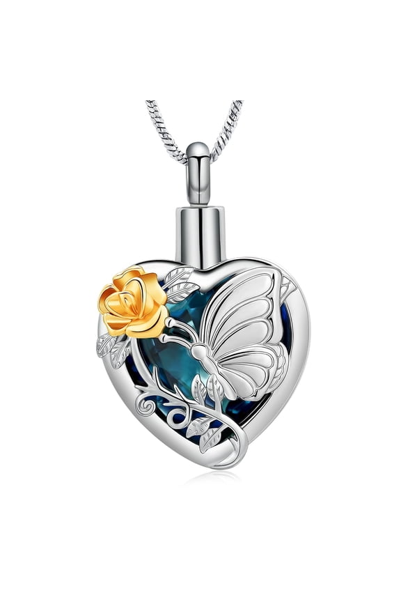 Stainless Steel Butterfly Stone Heart Urn Pendant Cremation Jewelry for Ashes Holder Memory Necklace Memorial Jewelry