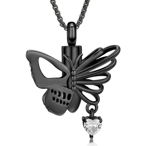 Stainless Steel Butterfly with Small Heart Urn Pendant Memory Necklace for Cremation Ashes Holder Memorial Jewelry