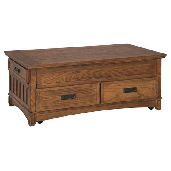 Benjara BM210823 Mission Style Wooden Lift Top Cocktail Table with 4 Drawers - Brown - 19.63 x 46.75 x 26.5 in.