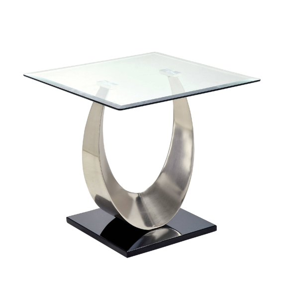 Tempered Glass Top End Table with U Shape Base, Silver and Black- Saltoro Sherpi